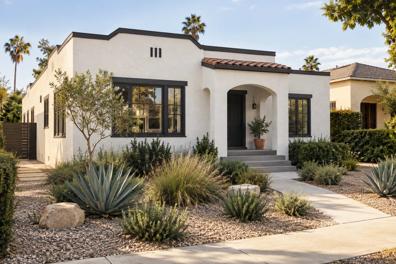 Freshly painted South Los Angeles bungalow with drought-tolerant landscaping